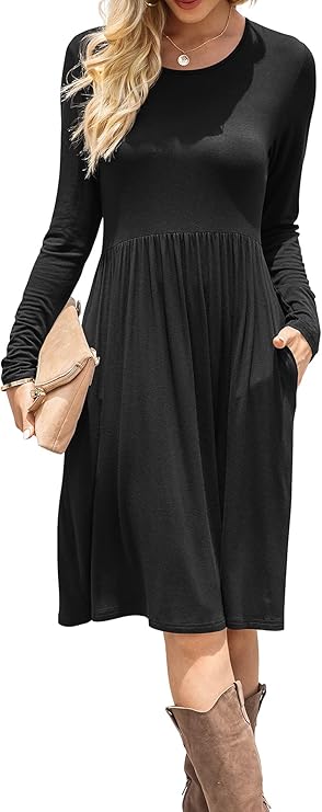 DB MOON Women's Casual Long Sleeve Dress | Empire Waist Knee-Length Style with Pockets