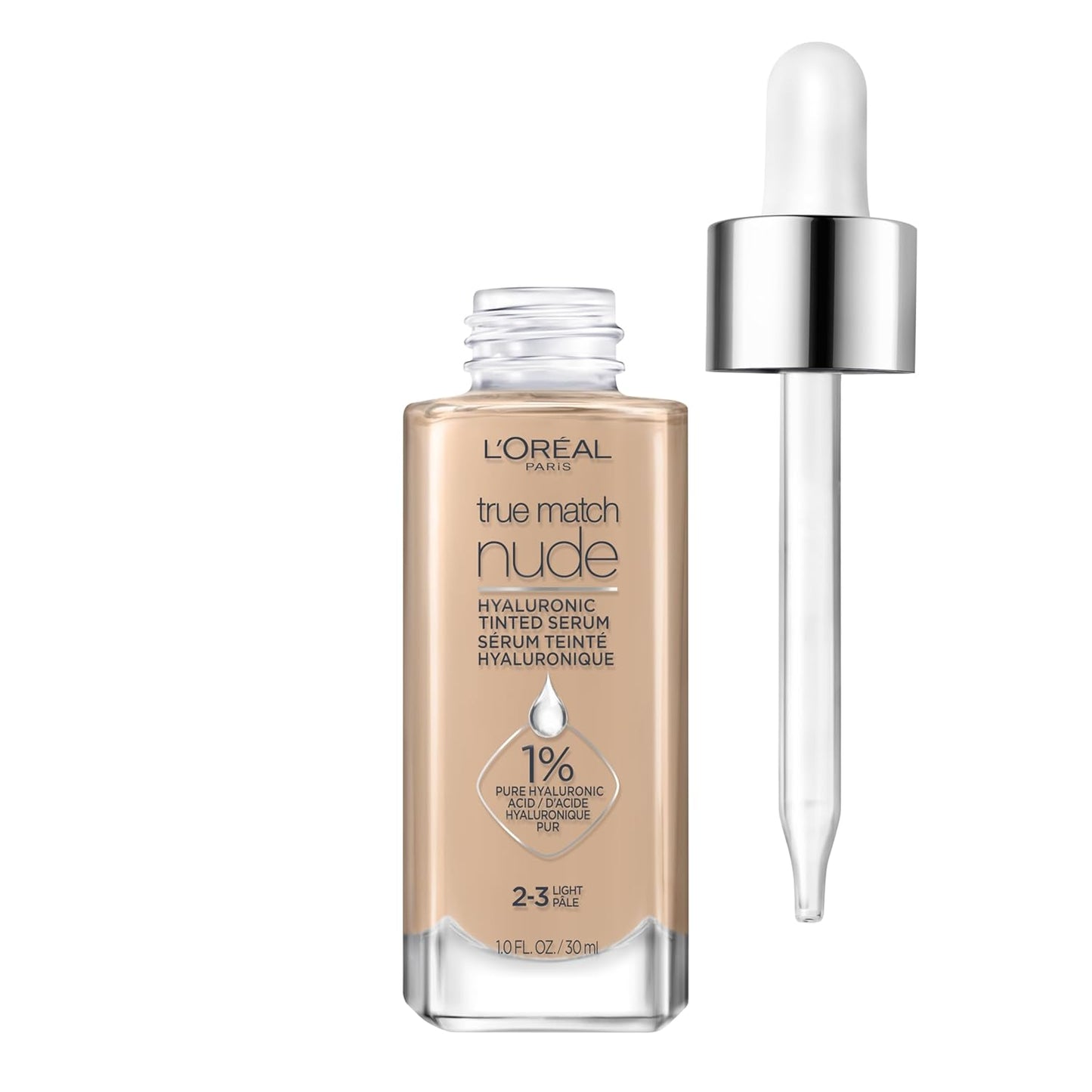 L'Oreal Paris True Match Nude Tinted Serum Foundation | Lightweight Formula with 1% Hyaluronic Acid | Hydrating Coverage in Shade Light 2-3 | 1 fl. oz.