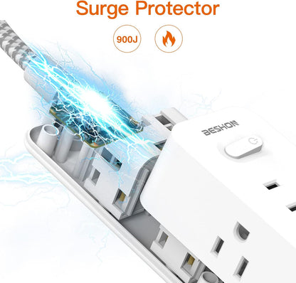 Power Strip Surge Protector, 5Ft Extension Cord, 6 Outlets with 3 USB Ports(1 USB C Outlet), 3-Side Outlet Extender, Wall Mount, Compact for Travel, Home, School, College Dorm Room and Office