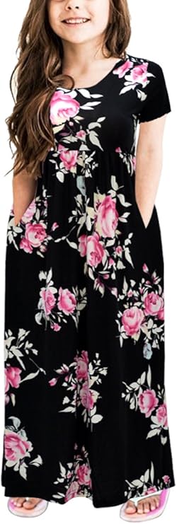 GORLYA Girl's Floral Short Sleeve Maxi Dress | Casual Loose Fit Long Dress with Pockets | Available for Ages 4-12 | Stylish and Comfortable