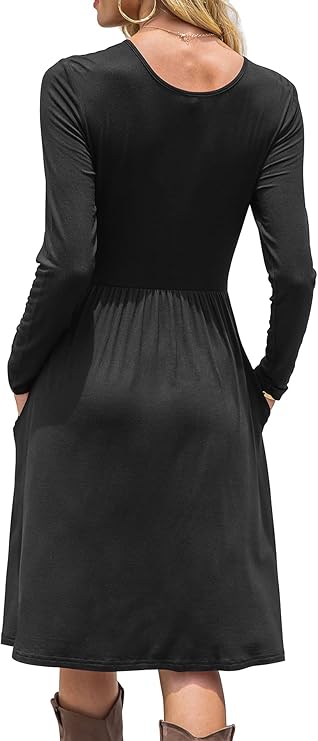 DB MOON Women's Casual Long Sleeve Dress | Empire Waist Knee-Length Style with Pockets