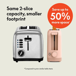 Bella 2 Slice Slim Toaster Alvi Xpress, Fits-anywhere™ Kitchenware, 6 Setting Shade Control with Reheat & Cancel Buttons, Removable Crumb Tray, 10” Long Slot, Anti Jam & Auto Shutoff, 900 Watt, Oatmilk