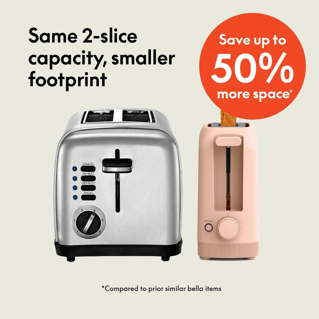 BELLA 2 Slice Toaster. With its extra wide slots and removable crumb tray, it's perfect for busy mornings. Say goodbye to burnt toast and hello to perfectly toasted goodness.