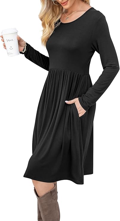 DB MOON Women's Casual Long Sleeve Dress | Empire Waist Knee-Length Style with Pockets