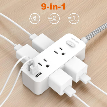 Power Strip Surge Protector, 5Ft Extension Cord, 6 Outlets with 3 USB Ports(1 USB C Outlet), 3-Side Outlet Extender, Wall Mount, Compact for Travel, Home, School, College Dorm Room and Office