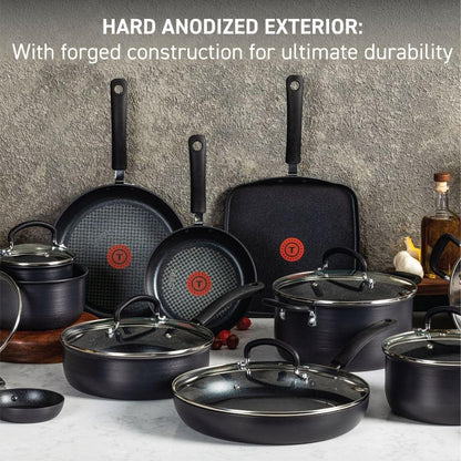 T-fal Nonstick Hard Anodized Kitchen Cookware Set – 17 Pieces of Premium Cooking Gear, Safe for Ovens (400°F) and Lids (350°F). Includes Essential Pots, Pans, and Griddle for Versatile Cooking. Dishwasher Safe in Black.