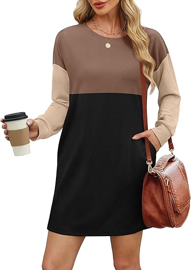 WIHOLL Flowy Crewneck Dresses | Women's Loose Fit Mini Style for Fall