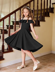 Arshiner Girls Off-Shoulder Summer Dress | Flutter Sleeve Casual Midi Swing Dress with Pockets | Stylish and Formal Outfit for Girls