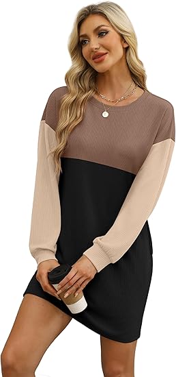 WIHOLL Flowy Crewneck Dresses | Women's Loose Fit Mini Style for Fall