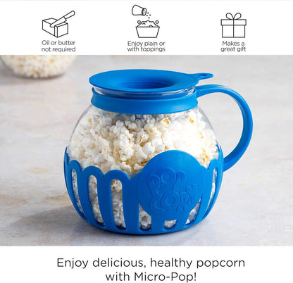 Ecolution Patented Micro-Pop Microwave Popcorn Popper with Temperature Safe Glass, 3-in-1 Lid Measures Kernels and Melts Butter, Made Without BPA, Dishwasher Safe, 3-Quart, Aqua