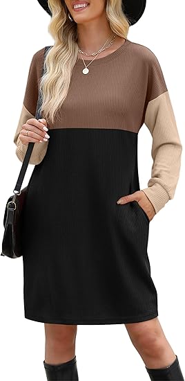 WIHOLL Flowy Crewneck Dresses | Women's Loose Fit Mini Style for Fall