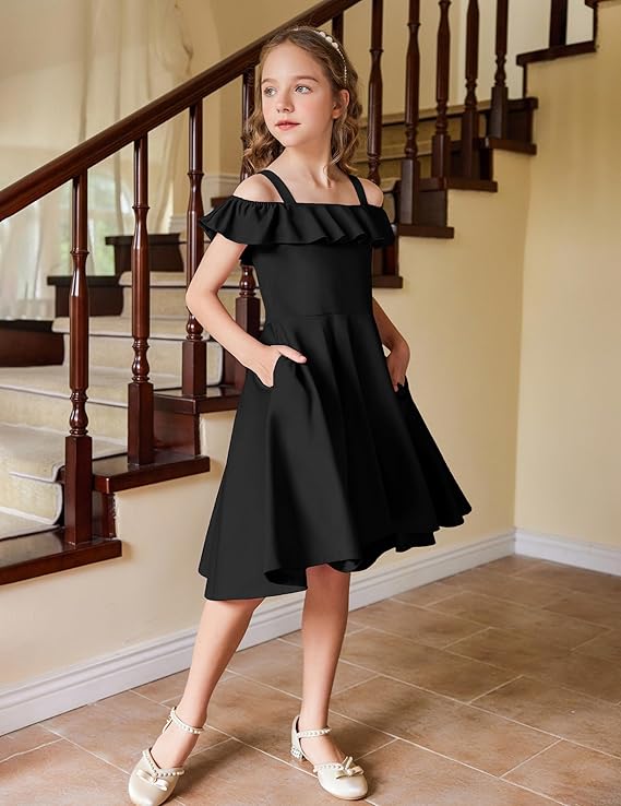 Arshiner Girls Off-Shoulder Summer Dress | Flutter Sleeve Casual Midi Swing Dress with Pockets | Stylish and Formal Outfit for Girls