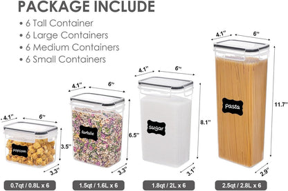 Airtight Food Storage Containers with Lids, Vtopmart 24 pcs Plastic Kitchen and Pantry Organization Canisters for Cereal, Dry Food, Flour and Sugar, BPA Free, Includes 24 Labels，Black