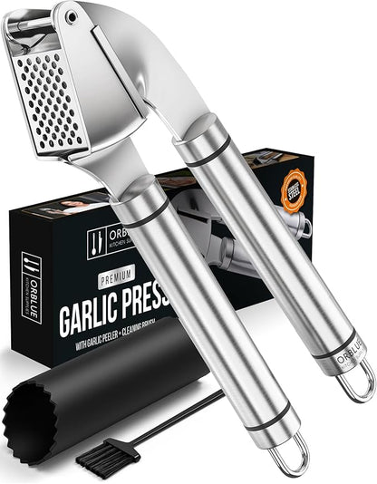 ORBLUE Stainless Steel Garlic Press - Professional Grade Mincer and Peeler Set, Easy Clean