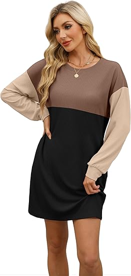 WIHOLL Flowy Crewneck Dresses | Women's Loose Fit Mini Style for Fall