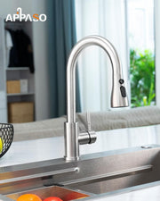 Modern Kitchen Faucet by APPASO, Brushed Nickel with Pull-Down Sprayer, Single Handle Stainless Steel High Arc Design