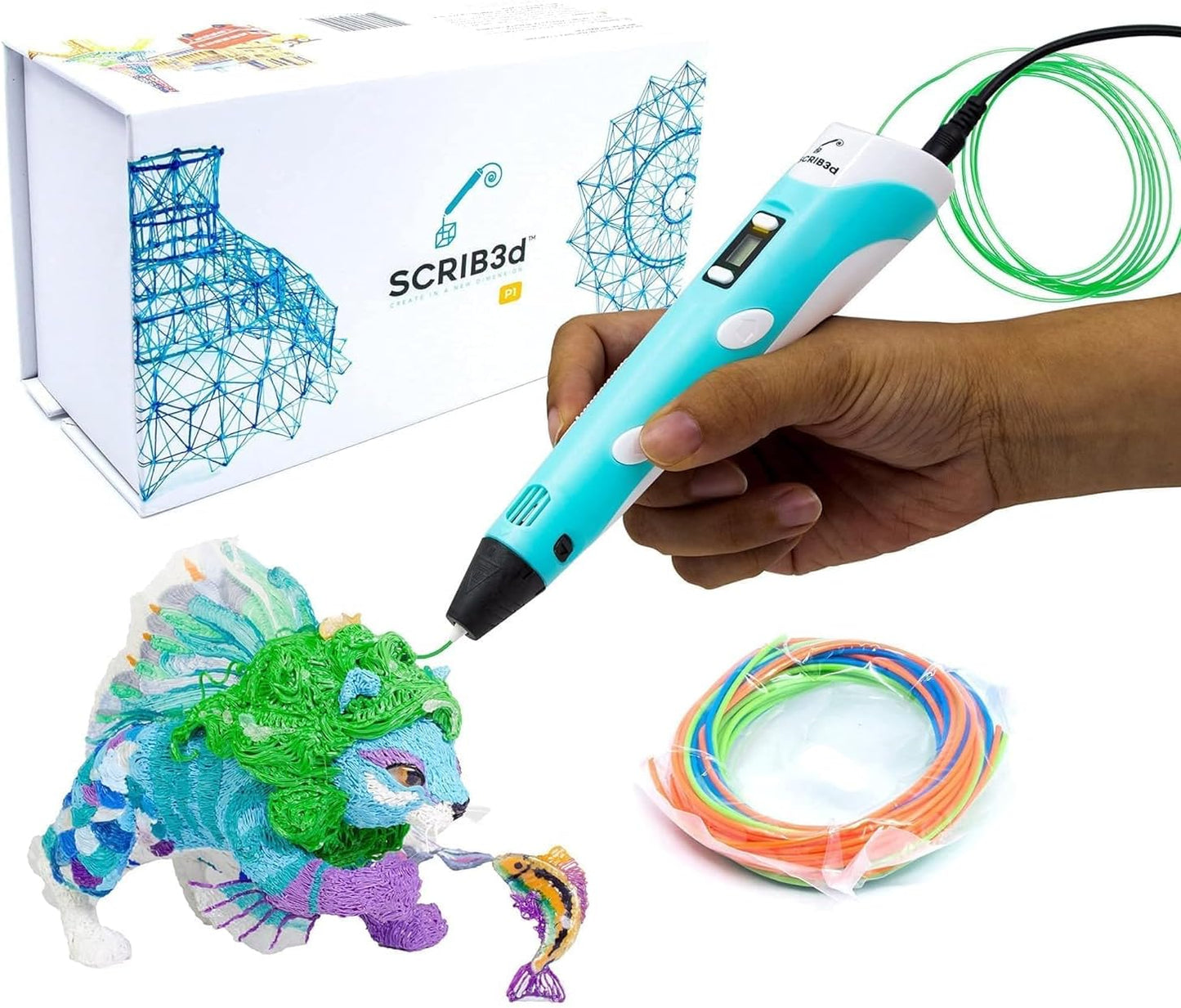 SCRIB3D P1 3D Pen Kit – Features a Digital Display, 3 PLA Filament Colors, Charger, and Stencil Guide for Beginners.