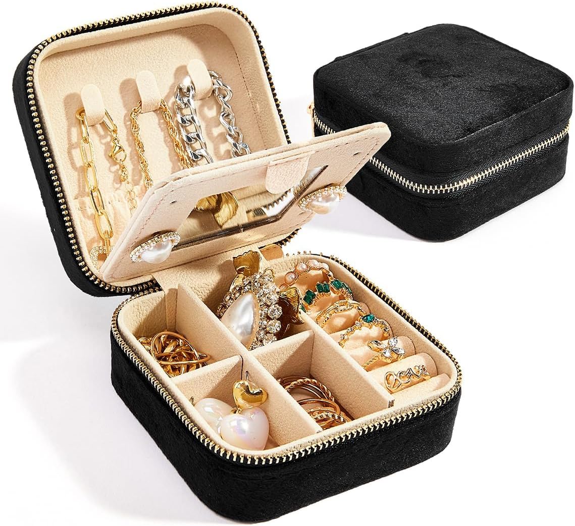 Travel Velvet Jewelry Box with Mirror |Portable Velvet Jewelry Box for Necklaces and Rings