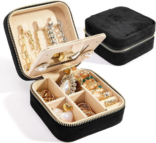 Travel Velvet Jewelry Box with Mirror |Portable Velvet Jewelry Box for Necklaces and Rings