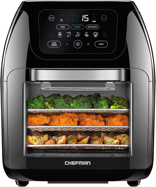 CHEFMAN Multifunctional Digital Air Fryer+ Rotisserie, Dehydrator, Convection Oven, 17 Touch Screen Presets Fry, Roast, Dehydrate, Bake, XL 10L Family Size, Auto Shutoff, Large Easy-View Window, Black