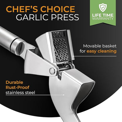 ORBLUE Stainless Steel Garlic Press - Professional Grade Mincer and Peeler Set, Easy Clean