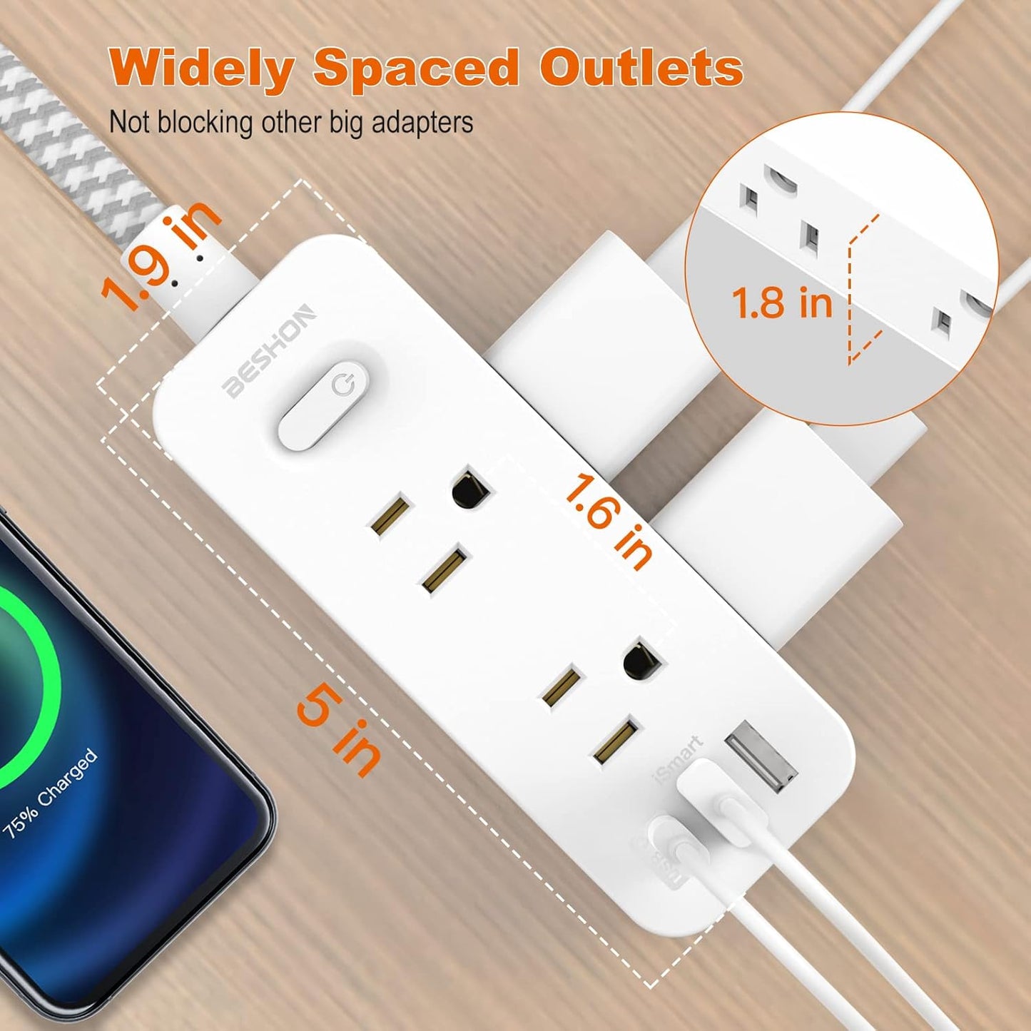 Power Strip Surge Protector, 5Ft Extension Cord, 6 Outlets with 3 USB Ports(1 USB C Outlet), 3-Side Outlet Extender, Wall Mount, Compact for Travel, Home, School, College Dorm Room and Office