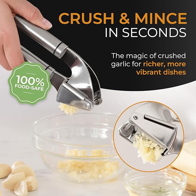 ORBLUE Stainless Steel Garlic Press - Professional Grade Mincer and Peeler Set, Easy Clean