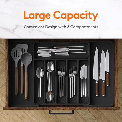 Lifewit Silverware Drawer Organizer, Expandable Utensil Tray for Kitchen, BPA Free Flatware and Cutlery Holder, Adjustable Plastic Storage for Spoons Forks Knives, Large, Black