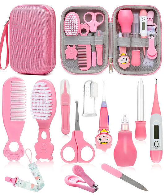 Baby Care Kit for Newborns, Safety Grooming Set, Baby Essentials, Hair Brush, Nail Clipper, Thermometer, Pacifier Clip (Pink)