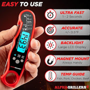 Alpha Grillers Digital Meat Thermometer for Cooking, Grilling, and BBQ Griddles - Waterproof with Backlight & Calibration, Perfect for Food, Oven, Air Fryer, and Kitchen Accessories - Essential Stocking Stuffer Gift.