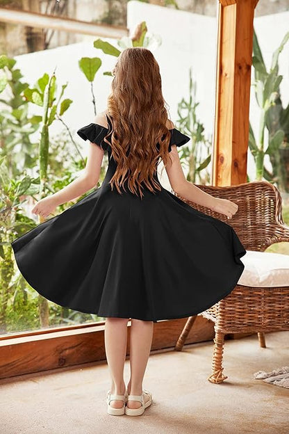 Arshiner Girls Off-Shoulder Summer Dress | Flutter Sleeve Casual Midi Swing Dress with Pockets | Stylish and Formal Outfit for Girls