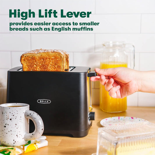 BELLA 2 Slice Toaster. With its extra wide slots and removable crumb tray, it's perfect for busy mornings. Say goodbye to burnt toast and hello to perfectly toasted goodness.