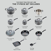 T-fal Nonstick Hard Anodized Kitchen Cookware Set – 17 Pieces of Premium Cooking Gear, Safe for Ovens (400°F) and Lids (350°F). Includes Essential Pots, Pans, and Griddle for Versatile Cooking. Dishwasher Safe in Black.