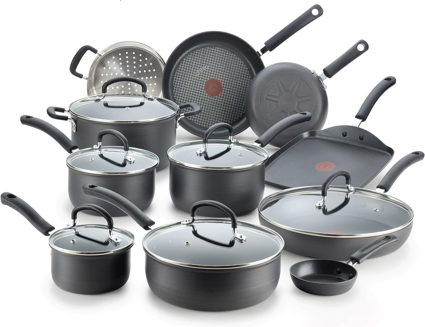 T-fal Nonstick Hard Anodized Kitchen Cookware Set – 17 Pieces of Premium Cooking Gear, Safe for Ovens (400°F) and Lids (350°F). Includes Essential Pots, Pans, and Griddle for Versatile Cooking. Dishwasher Safe in Black.