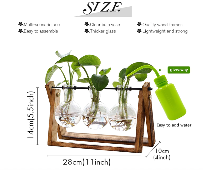 XXXFLOWER Plant Terrarium with Wooden Stand, Air Planter Bulb Glass Vase Metal Swivel Holder Retro Tabletop for Hydroponics Home Garden Office Decoration - 3 Bulb Vase