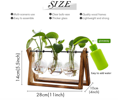 XXXFLOWER Plant Terrarium with Wooden Stand, Air Planter Bulb Glass Vase Metal Swivel Holder Retro Tabletop for Hydroponics Home Garden Office Decoration - 3 Bulb Vase