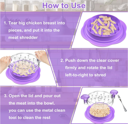 Chicken Shredder Large Chicken Breast Shredder Tool Twist with Brush&Fork, Visible Meat Shredder Machine, Anti-Slip Strip, Ergonomic Handle, BPA Free, Suitable for Pork Beef Chicken(Purple)