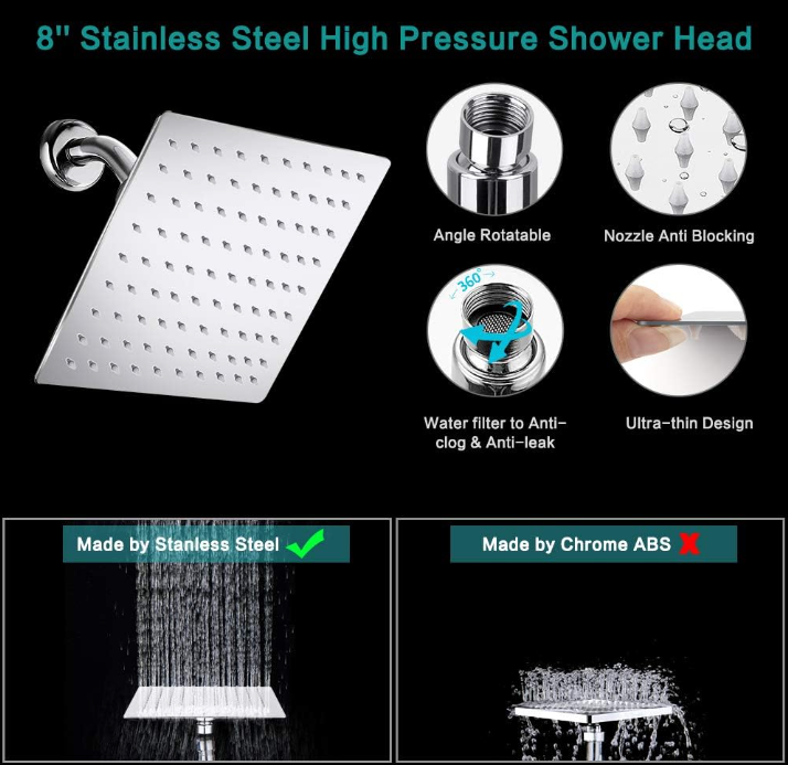 Shower Head, 8 Inch High Pressure Rainfall Shower Head/Handheld Shower Combo with 11 Inch Extension Arm, 9 Settings Adjustable Anti-leak Shower Head with Holder/Hose, Height/Angle Adjustable