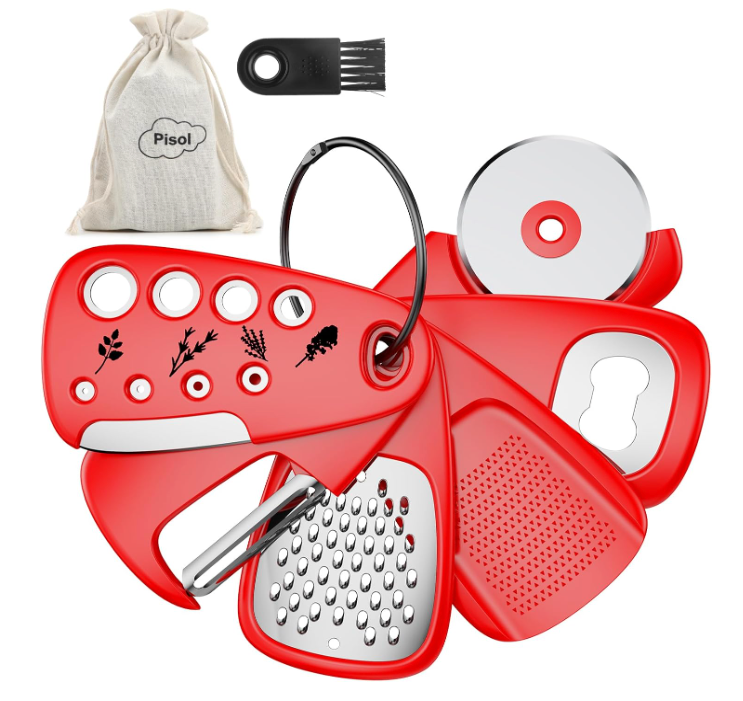 Kitchen Unique Gadgets Set 6 Pieces, Space Saving, Cheese Grater, Bottle Opener, Fruit Vegetable Peeler, Pizza Cutter, Garlic Ginger Grinder, Herb Stripper Gift Set