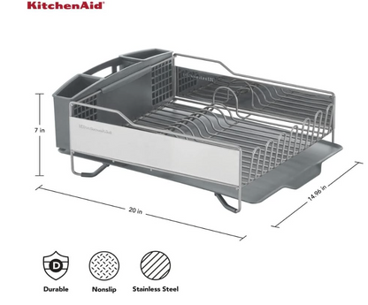 KitchenAid Large Capacity Full Size Rust Resistant Dish Rack with Angled Drain Board and Removable Flatware Caddy, Light Grey