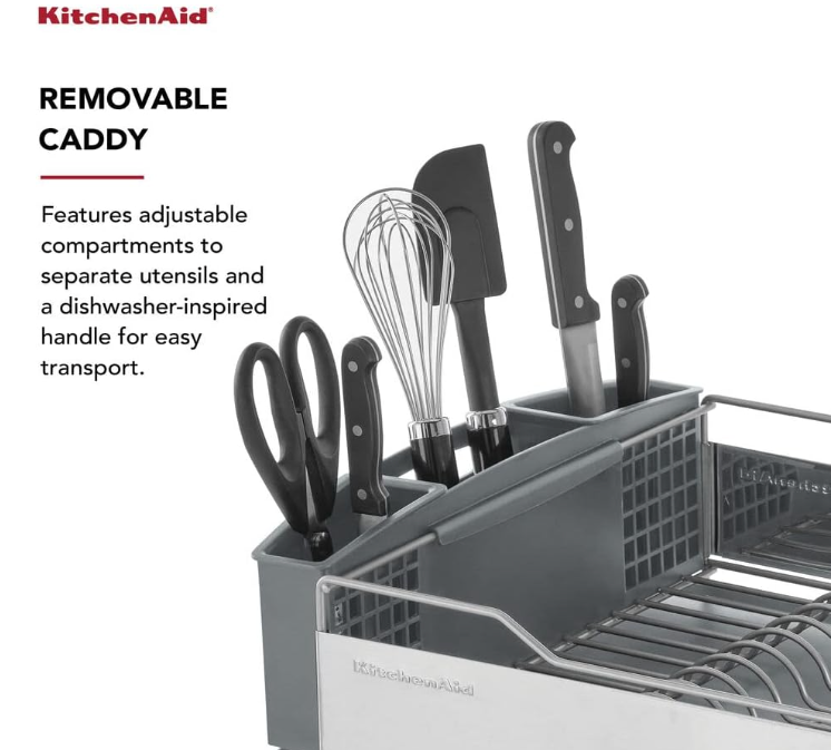 KitchenAid Large Capacity Full Size Rust Resistant Dish Rack with Angled Drain Board and Removable Flatware Caddy, Light Grey