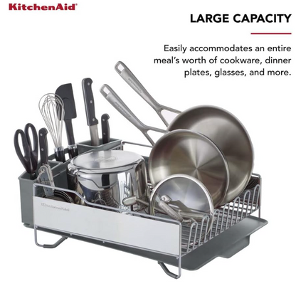 KitchenAid Large Capacity Full Size Rust Resistant Dish Rack with Angled Drain Board and Removable Flatware Caddy, Light Grey