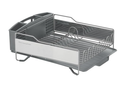 KitchenAid Large Capacity Full Size Rust Resistant Dish Rack with Angled Drain Board and Removable Flatware Caddy, Light Grey