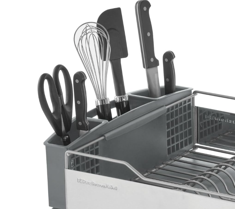 KitchenAid Large Capacity Full Size Rust Resistant Dish Rack with Angled Drain Board and Removable Flatware Caddy, Light Grey