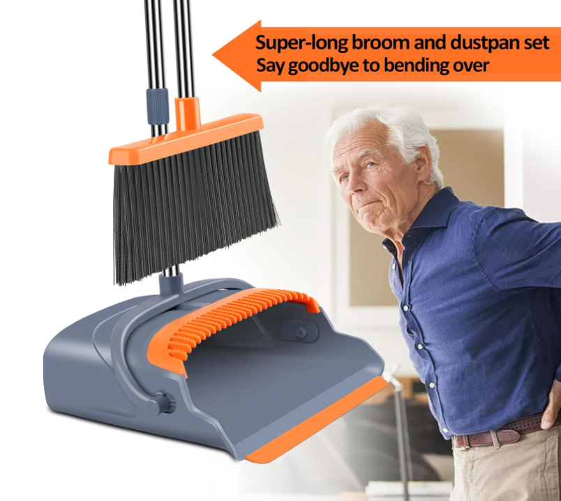 kelamayi Upgrade Broom and Dustpan Set, Self-Cleaning with Dustpan Teeth, Indoor&Outdoor Sweeping, Ideal for Dog Cat Pets Home Use, Stand Up Broom and Dustpan (Gray&Orange)