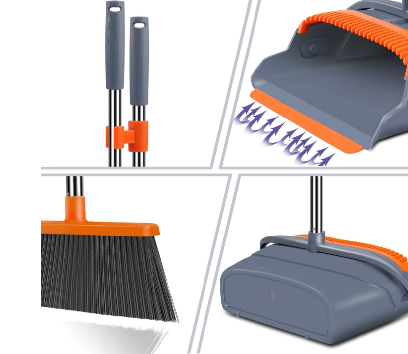 kelamayi Upgrade Broom and Dustpan Set, Self-Cleaning with Dustpan Teeth, Indoor&Outdoor Sweeping, Ideal for Dog Cat Pets Home Use, Stand Up Broom and Dustpan (Gray&Orange)