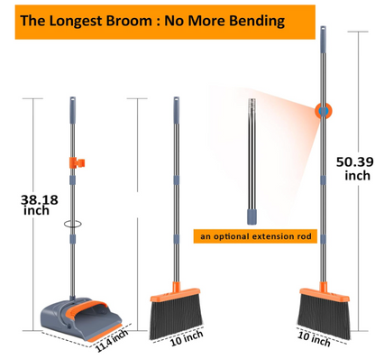 kelamayi Upgrade Broom and Dustpan Set, Self-Cleaning with Dustpan Teeth, Indoor&Outdoor Sweeping, Ideal for Dog Cat Pets Home Use, Stand Up Broom and Dustpan (Gray&Orange)