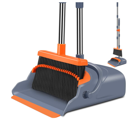 kelamayi Upgrade Broom and Dustpan Set, Self-Cleaning with Dustpan Teeth, Indoor&Outdoor Sweeping, Ideal for Dog Cat Pets Home Use, Stand Up Broom and Dustpan (Gray&Orange)