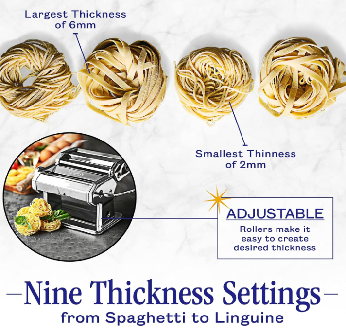 Nuvantee Pasta Maker Machine, Manual Hand Press, Adjustable Thickness Settings, Noodles Maker with Washable Aluminum Alloy Rollers and Cutter, Perfect for Spaghetti, Fettuccini, Lasagna