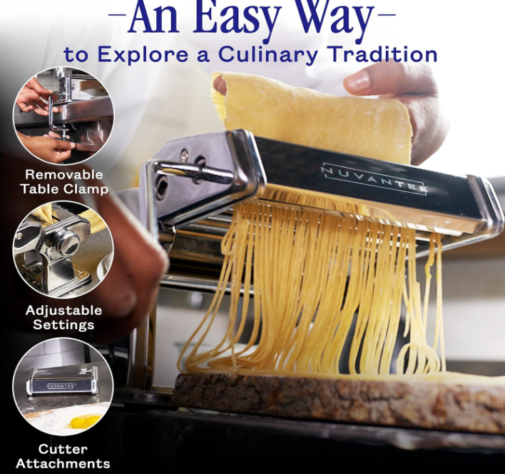 Nuvantee Pasta Maker Machine, Manual Hand Press, Adjustable Thickness Settings, Noodles Maker with Washable Aluminum Alloy Rollers and Cutter, Perfect for Spaghetti, Fettuccini, Lasagna